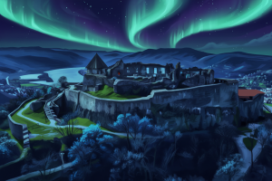 Castelul Visegrád noaptea, cu aurora boreală
