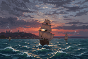 Corăbii cu pânze navigând pe o mare furtunoasă