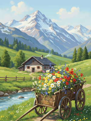 Peisaj alpin cu căruță cu flori – BG26-0225