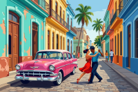 Peisaj stradal din Havana cu dans.