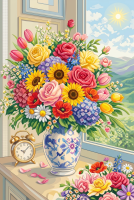 Natură statică cu buchet de flori colorate