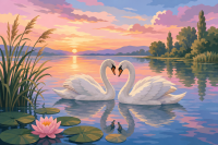 Imagine romantică cu lebede pe malul lacului