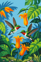 Colibri printre flori tropicale