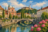 Malul râului Ljubljana cu flori